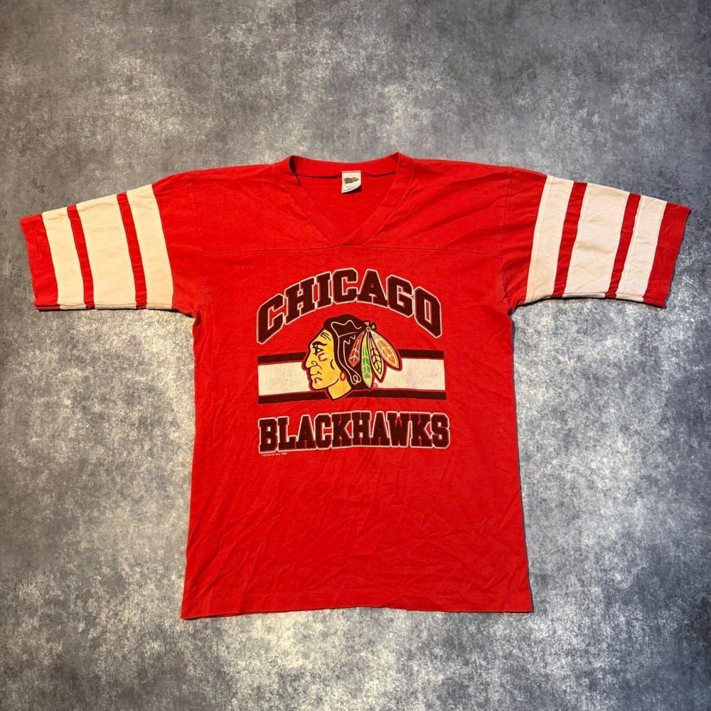 Vintage 1988 Chicago Blackhawks Trench V-Neck Jersey T-Shirt Red Mens L NHL‎